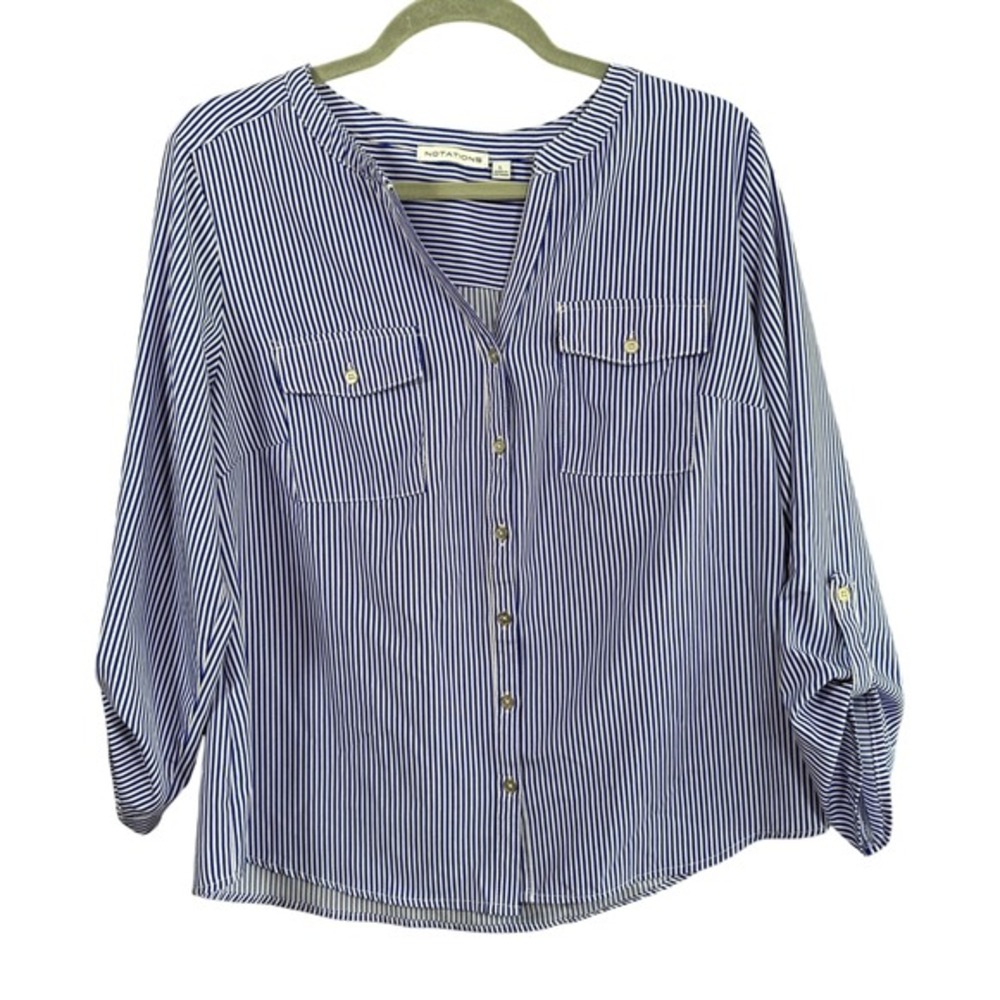 Notations Button Up‎ Blouse Womens Large Blue White Striped Excellent Roll Tab L